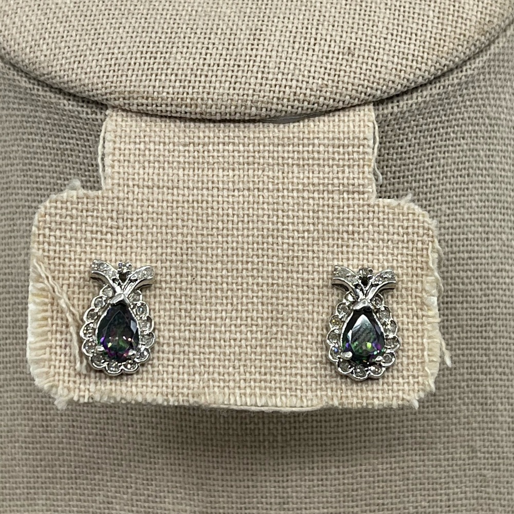 Vintage 10k White Gold Mystic Topaz & Diamond Earrings - Picture 13 of 15